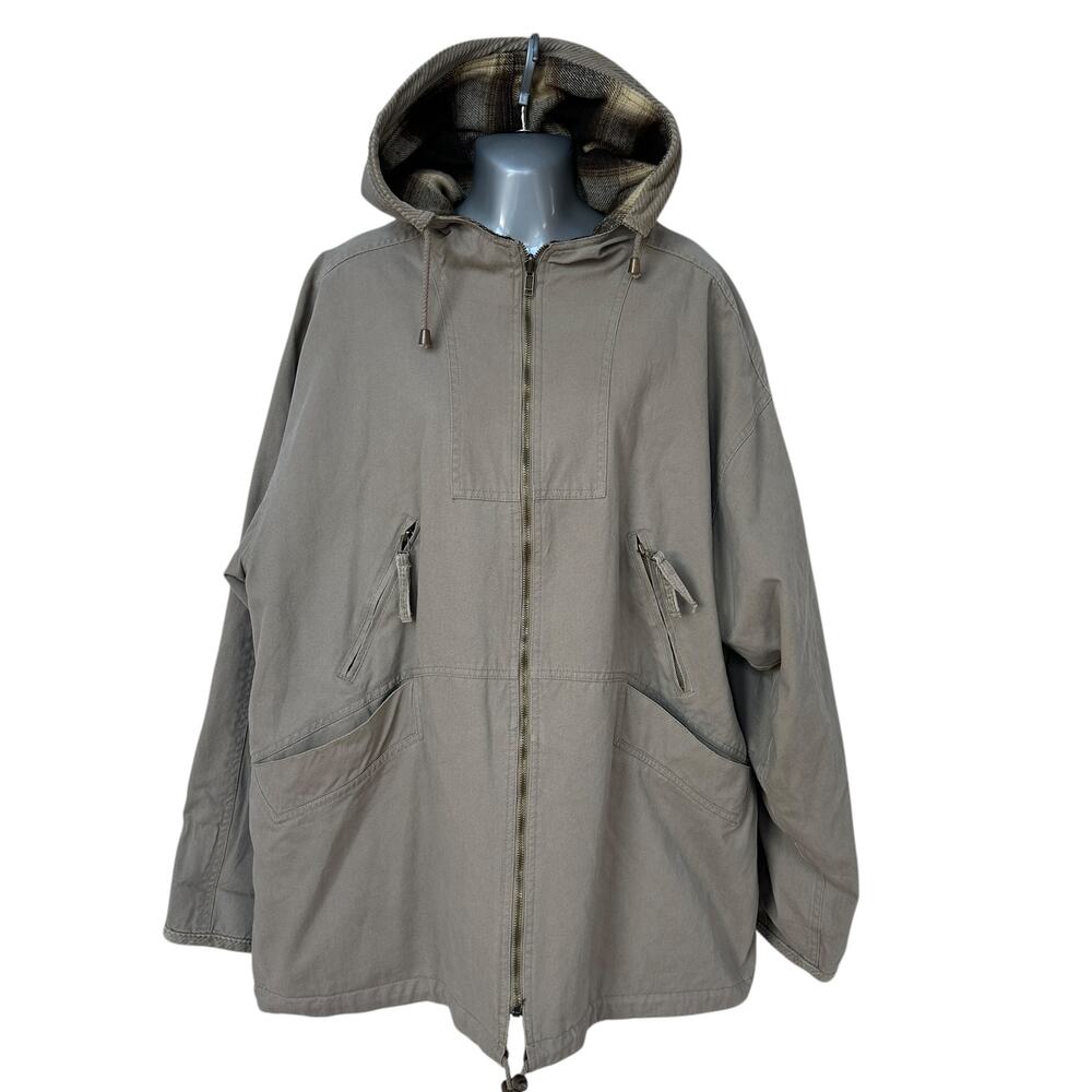 Vintage Brandon Thomas Chore Coat Reversible Khaki Brown Plaid Hooded Mens Large